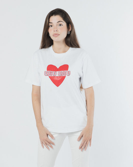 MIU MIU WHITE COTTON EMBELLISHED HEART T-SHIRT