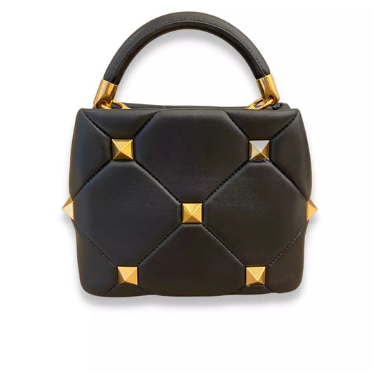 VALENTINO BLACK NAPPA LEATHER ROMAN STUD THE HANDLE BAG