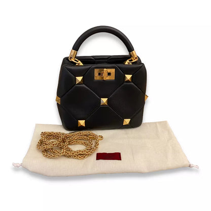 VALENTINO BLACK NAPPA LEATHER ROMAN STUD THE HANDLE BAG