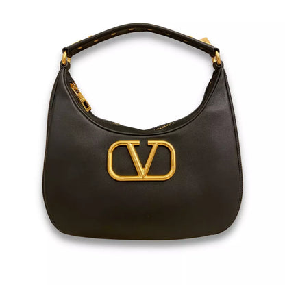 VALENTINO BLACK LEATHER STUD SIGN HOBO BAG