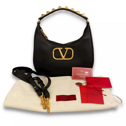 VALENTINO BLACK LEATHER STUD SIGN HOBO BAG