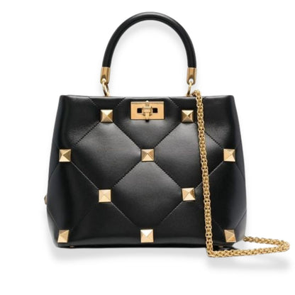 VALENTINO BLACK NAPPA LEATHER ROMAN STUD THE HANDLE BAG