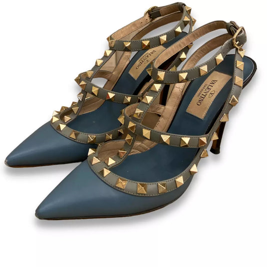 VALENTINO BLUE ROCKSTUD ANKLE STRAP PUMPS